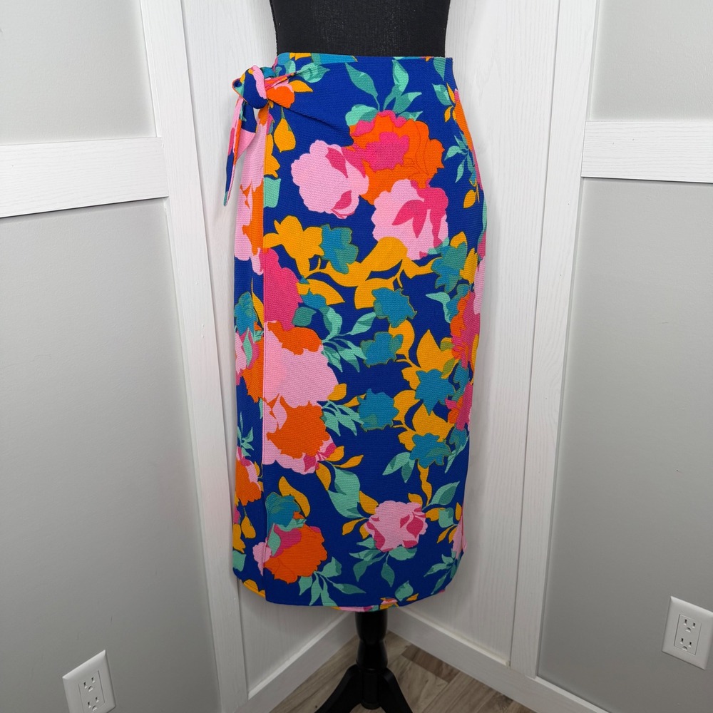 Sugarlips Floral Faux Wrap Midi Skirt Womens Size Medium Blue Pink Orange Tie